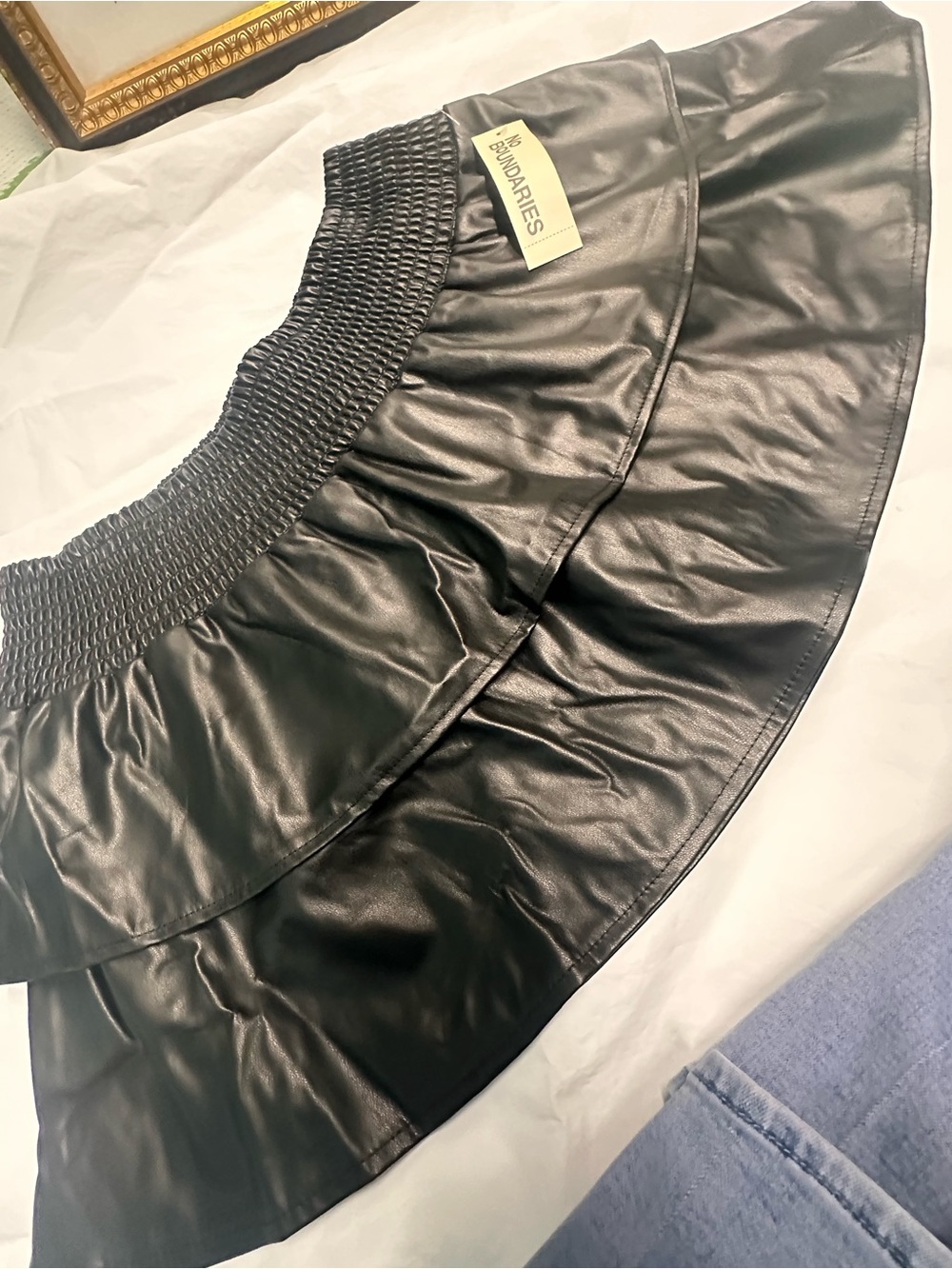 No Boundaries Black Faux Leather Tiered Mini Skirt with Smocked Waist - Picture 4 of 10